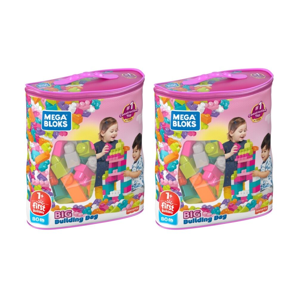 2x 80pc All Brands Toys Mega Bloks Big Building Bag Blocks Kids/Toddler Pink 1y+