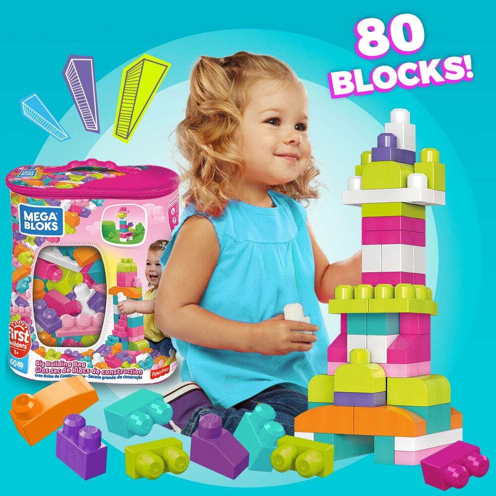 2x 80pc All Brands Toys Mega Bloks Big Building Bag Blocks Kids/Toddler Pink 1y+