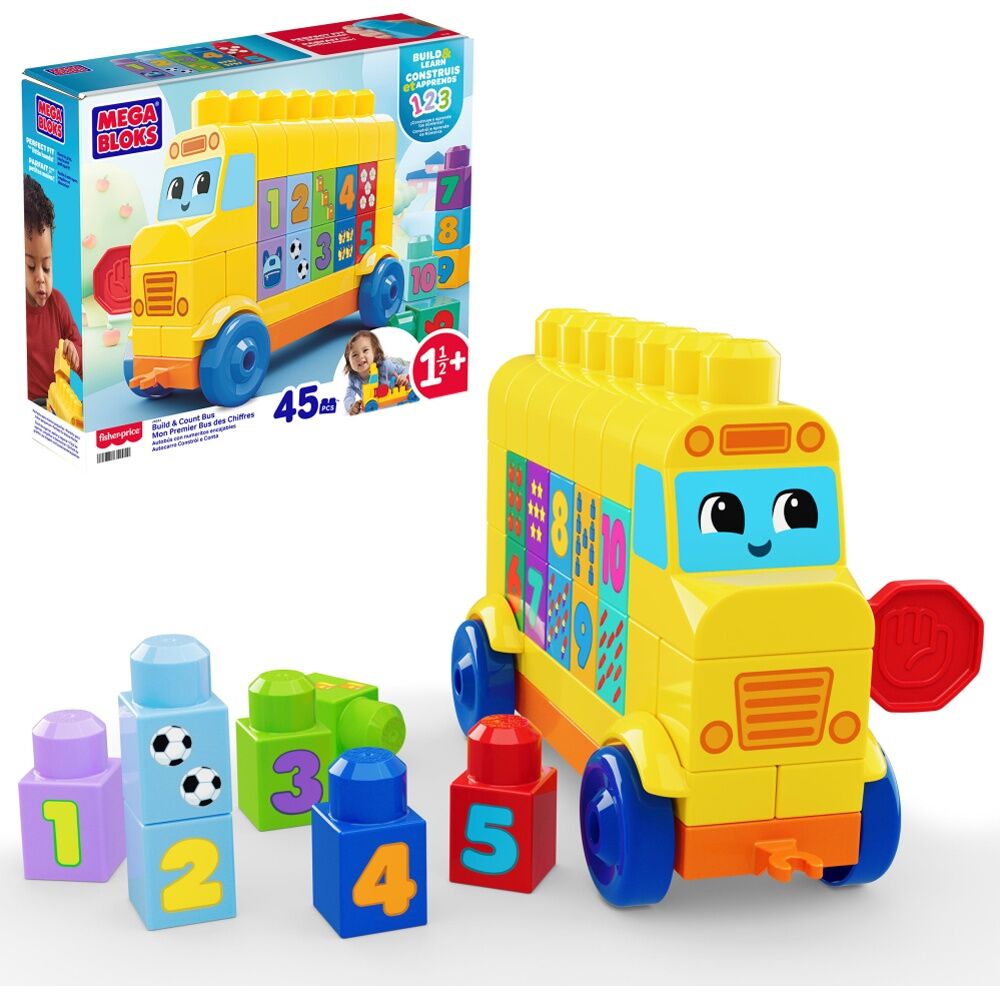 45pc All Brands Toys Toddlers Mega Bloks Build & Count Bus Stacking Blocks 1.5y+