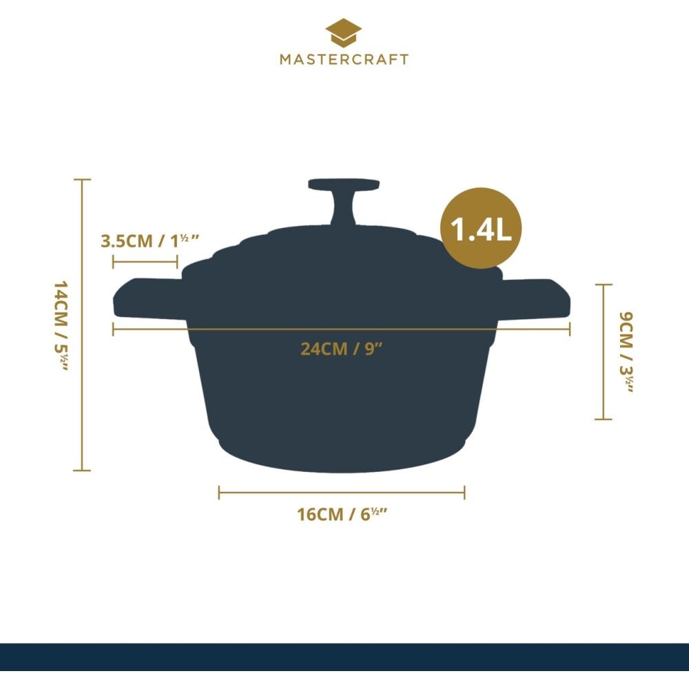 MasterCraft Cast Aluminium Casserole Dish Kitchen Cooking Pot 1.4L Black 16cm