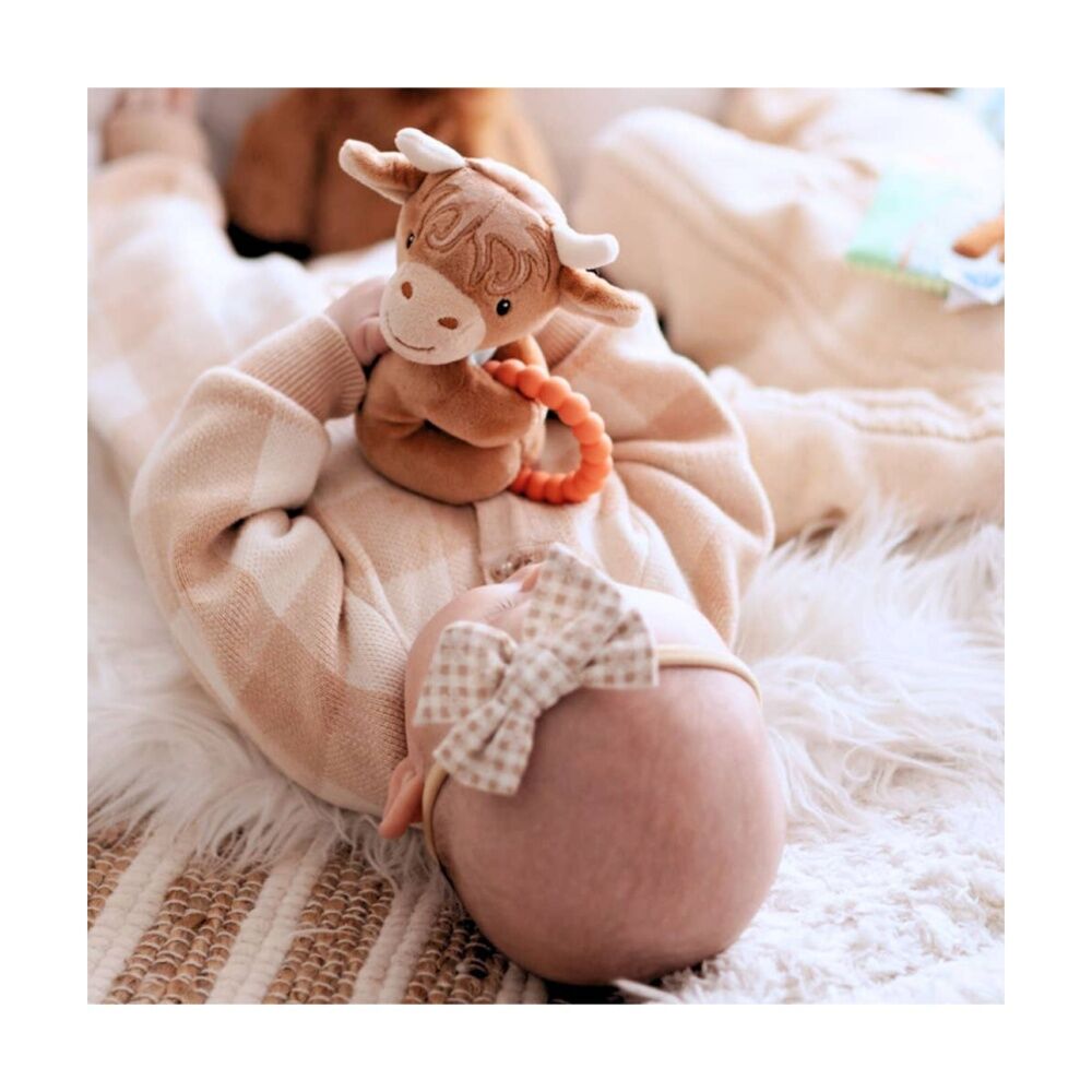 Mary Meyer Hetty Highland Cow Soft Plush Rattle & Silicone Teether Brown 14cm