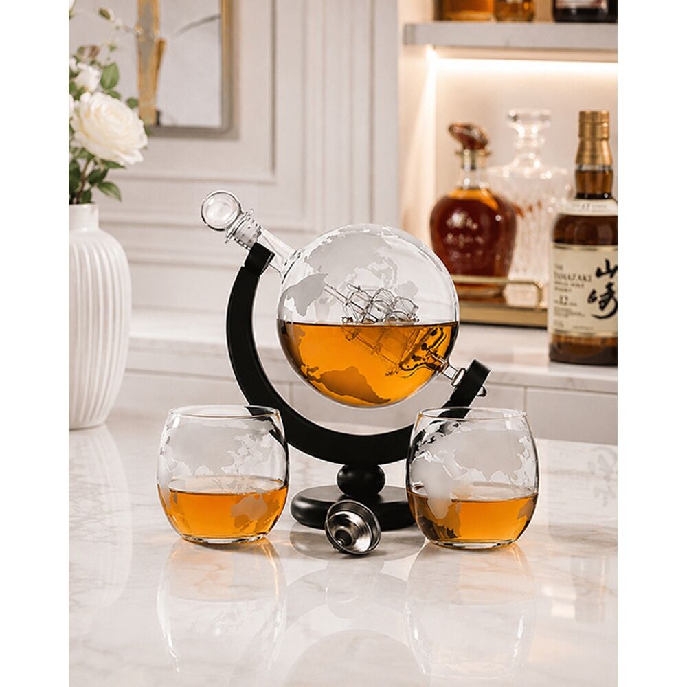 3pc Men's Republic Globe Whiskey Decanter With Matching Glasses Set