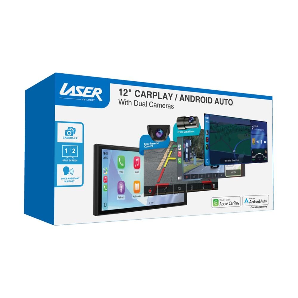 Laser CarPlay Android Auto Voice Control W/ Dual Camera 12 Inch Black