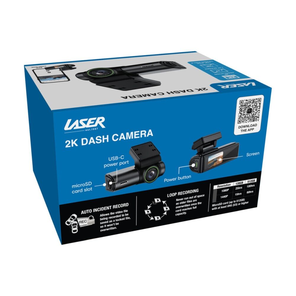 Laser 2K WiFi App Control Dash Camera W/ Cigarette Charger Cord Black