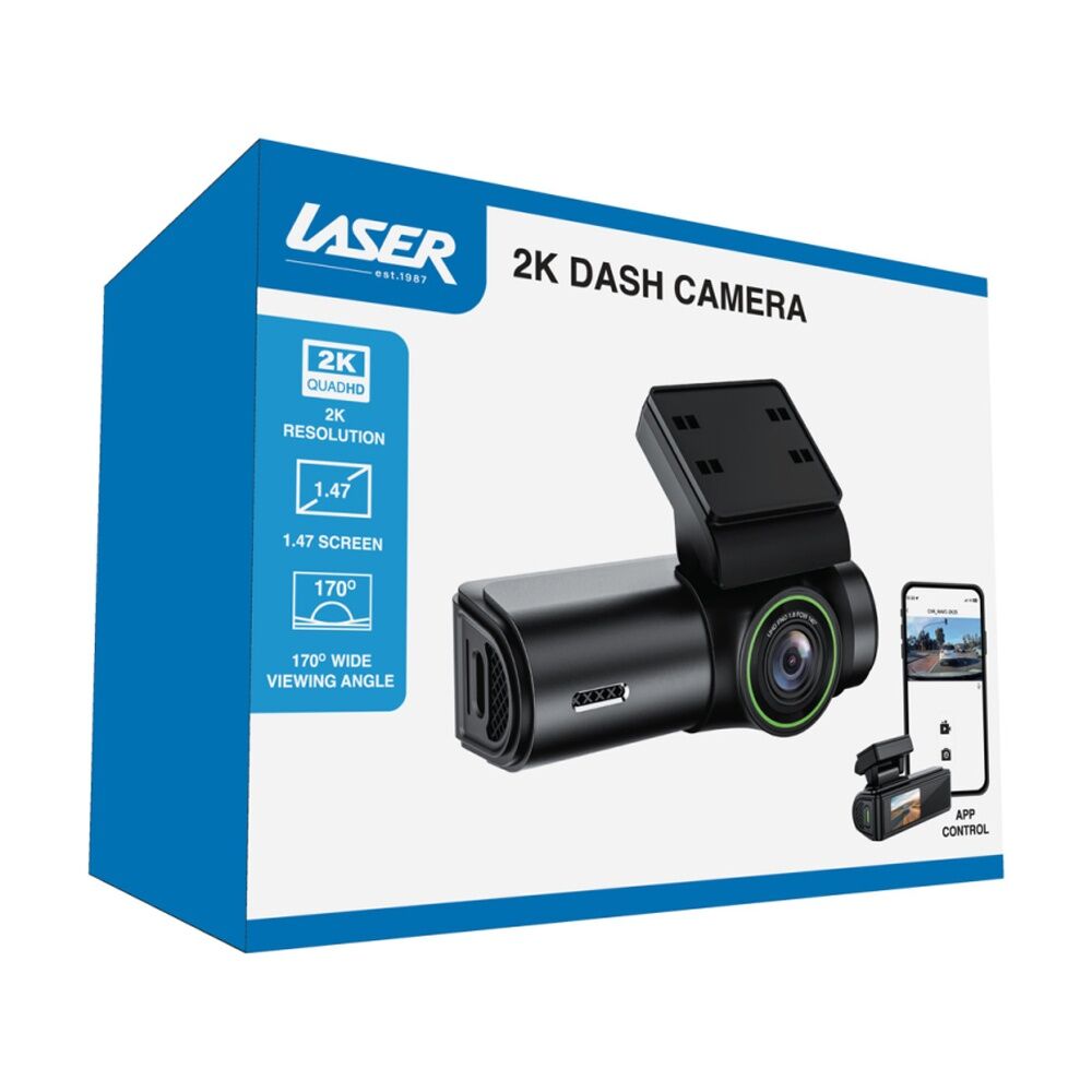 Laser 2K WiFi App Control Dash Camera W/ Cigarette Charger Cord Black