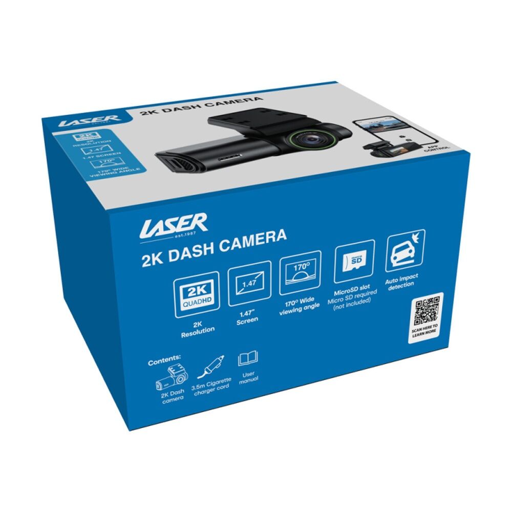 Laser 2K WiFi App Control Dash Camera W/ Cigarette Charger Cord Black