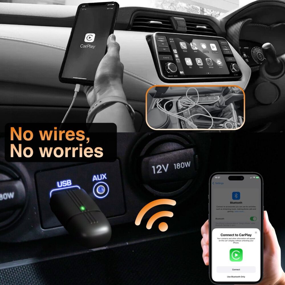 Navig8R Wireless CarPlay Android Auto Dual Head USB Universal Compatible Black