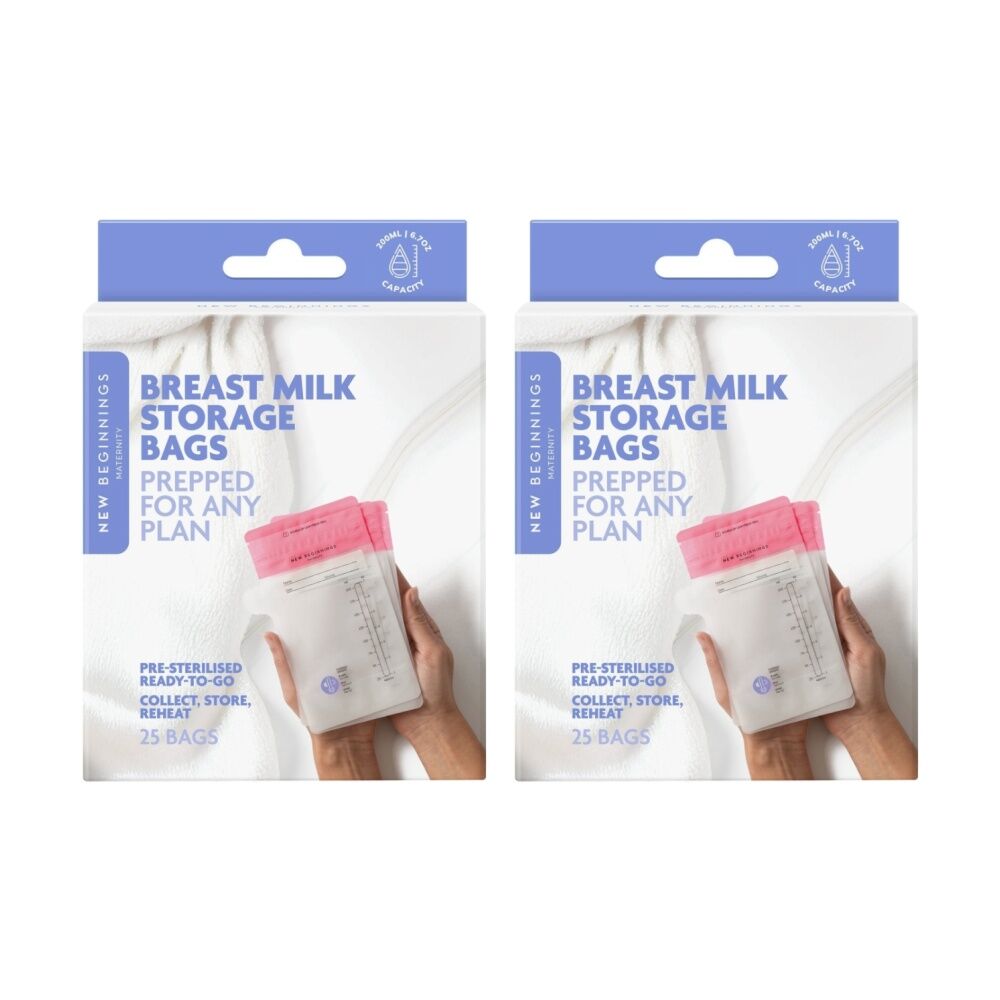 2x 25pc New Beginnings Pre-Sterilised Double Zip Breastmilk Storage Bags Pink
