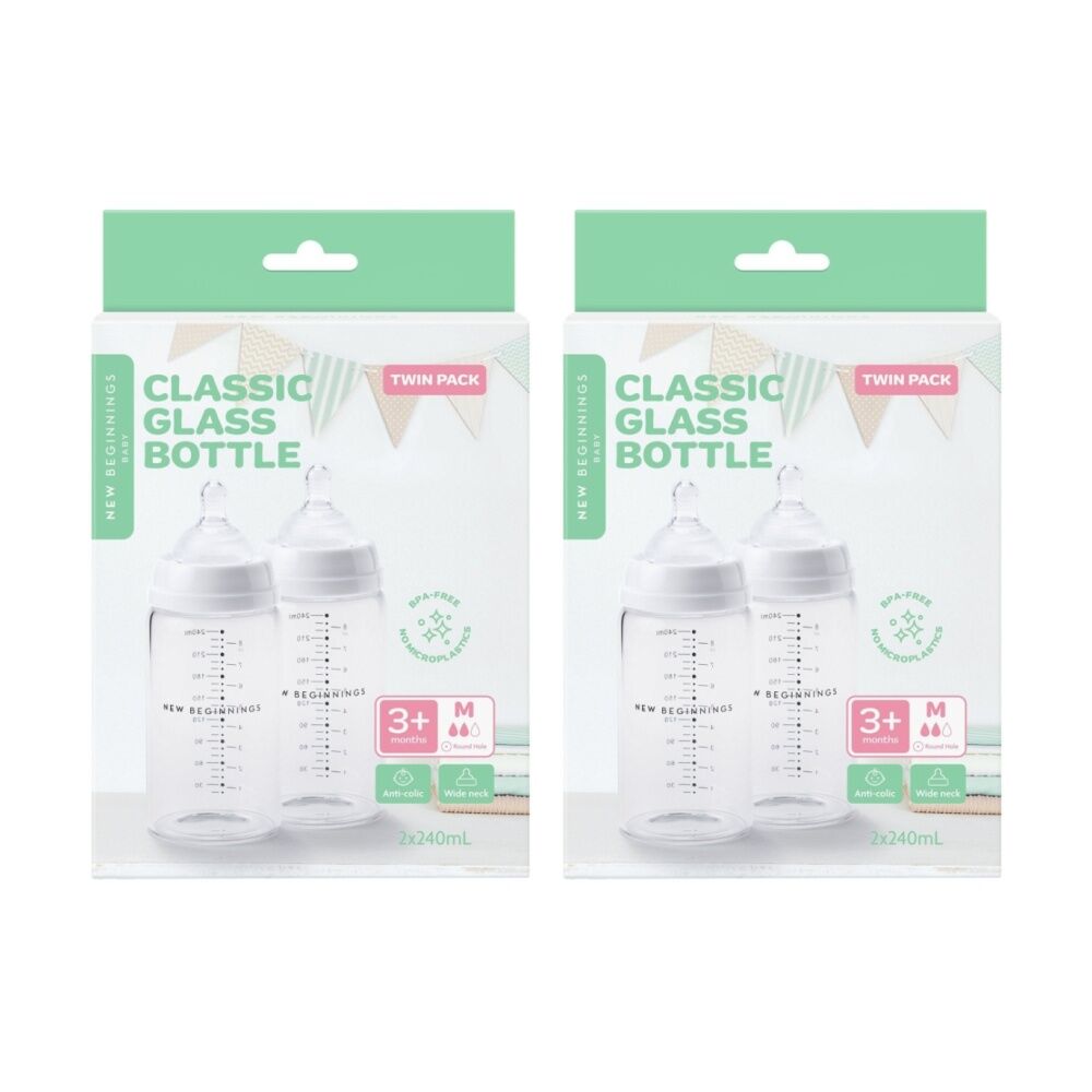 2x 2pc New Beginnings Classic Glass Bottle Anti-Colic Silicone Teat Seat 240ml