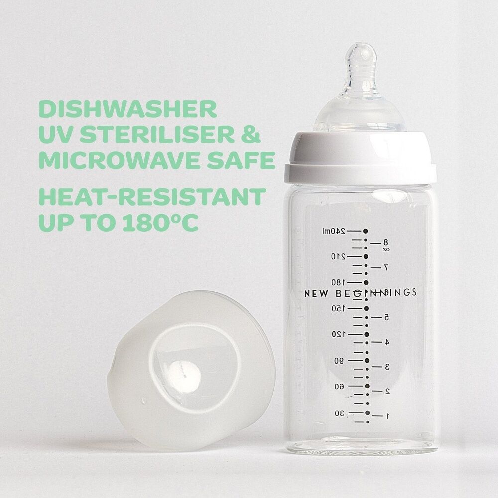 2x 2pc New Beginnings Classic Glass Bottle Anti-Colic Silicone Teat Seat 240ml