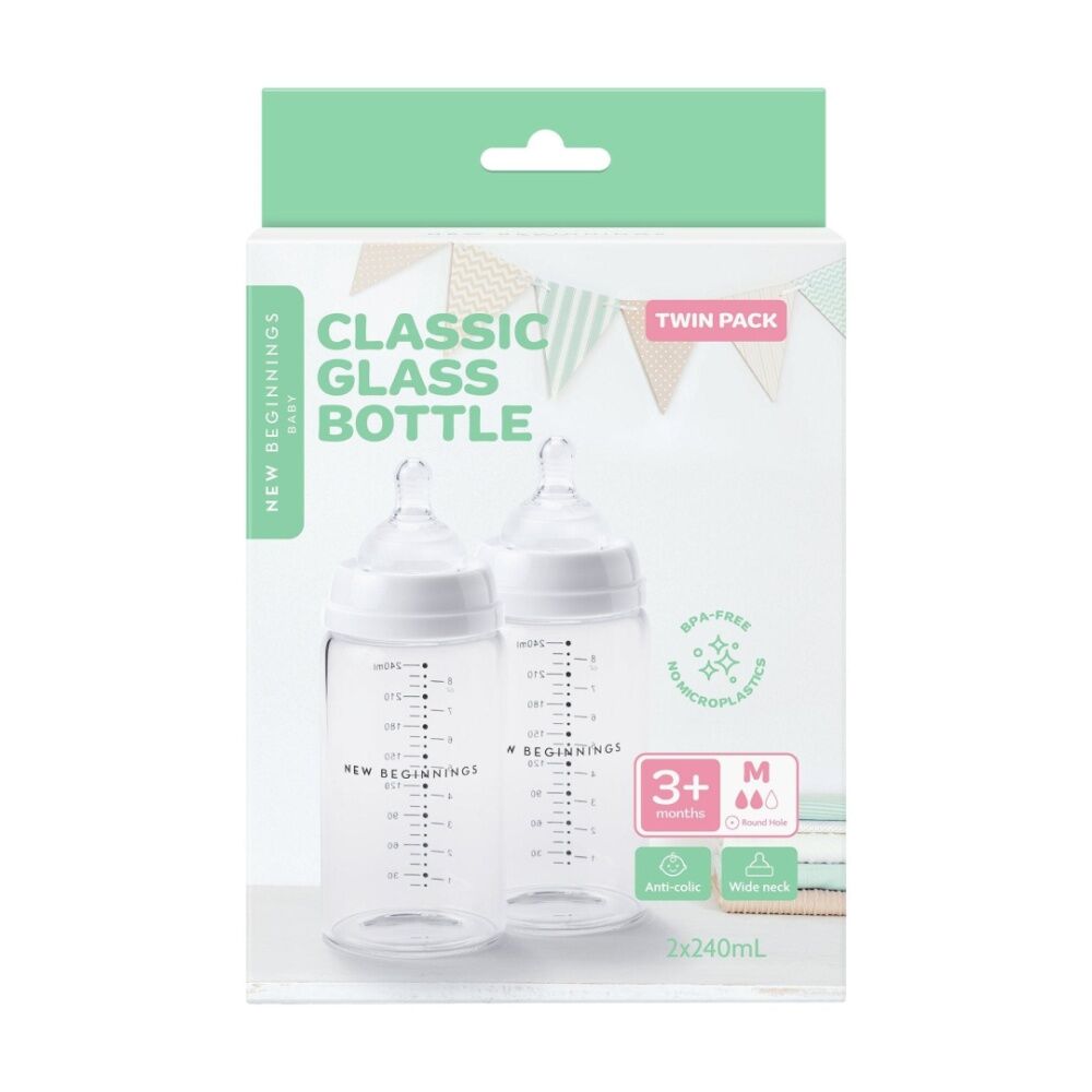 2x 2pc New Beginnings Classic Glass Bottle Anti-Colic Silicone Teat Seat 240ml