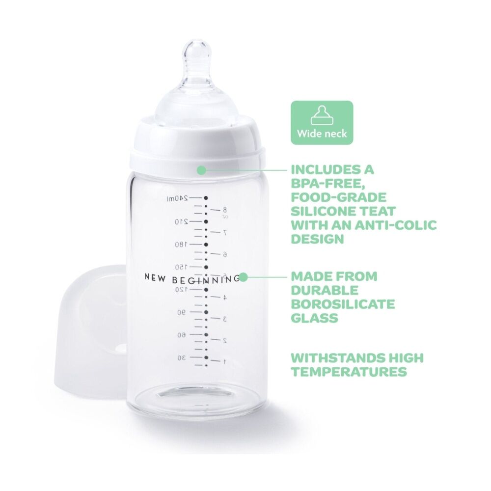 2x 2pc New Beginnings Classic Glass Bottle Anti-Colic Silicone Teat Seat 240ml