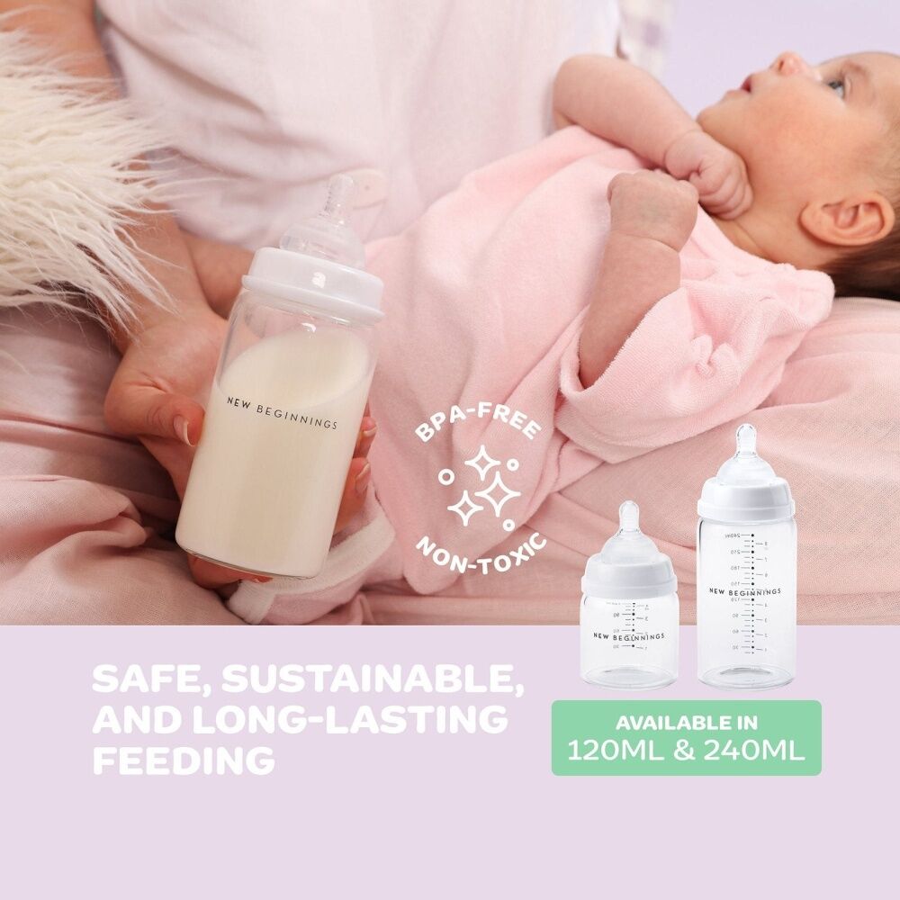 2x 2pc New Beginnings Classic Glass Bottle Anti-Colic Silicone Teat Seat 240ml