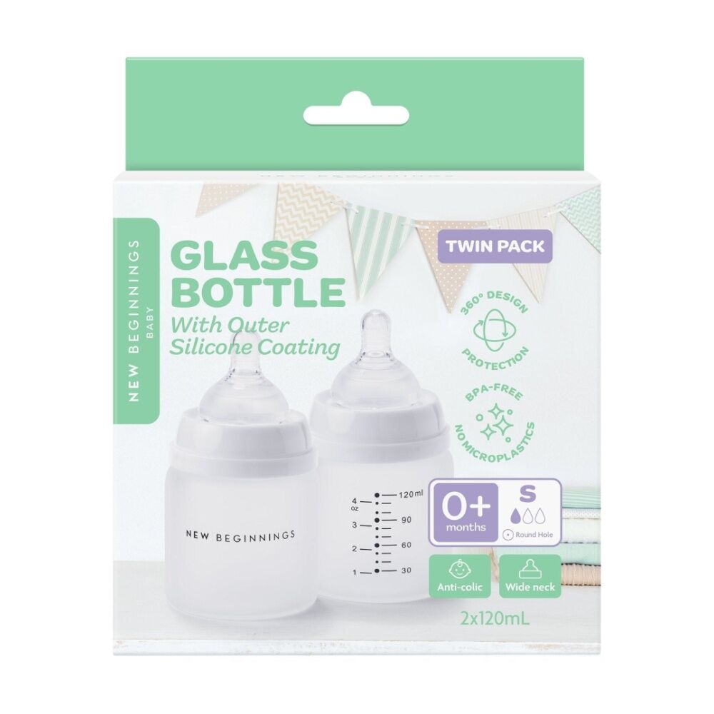 2x 2pc New Beginnings Anti-Colic Glass Bottle With Silicone Coating Set 120ml