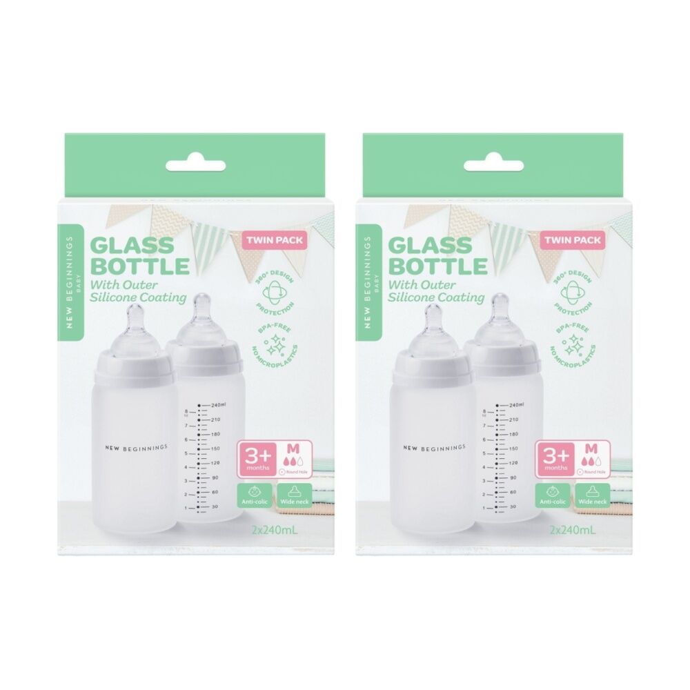 2x 2pc New Beginnings Anti-Colic Glass Bottle With Silicone Coating Set 240ml