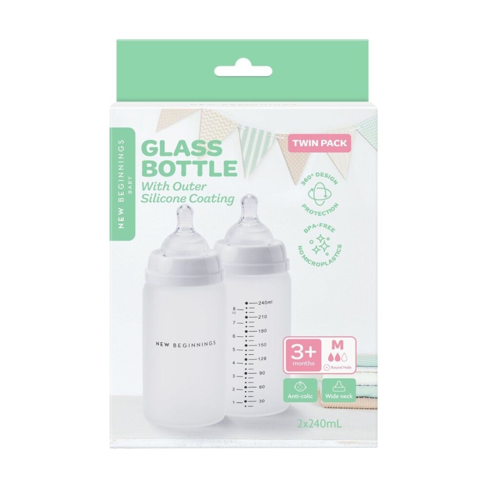 2x 2pc New Beginnings Anti-Colic Glass Bottle With Silicone Coating Set 240ml