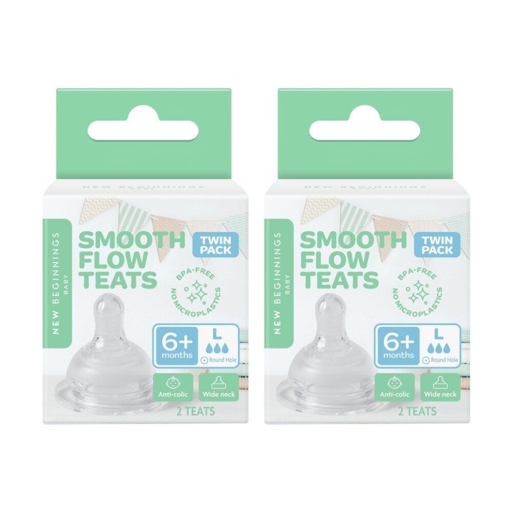 2x 2pc New Beginnings Smooth Flow Anti-Colic Breast Like Silicone Teats 6M+ Lrg