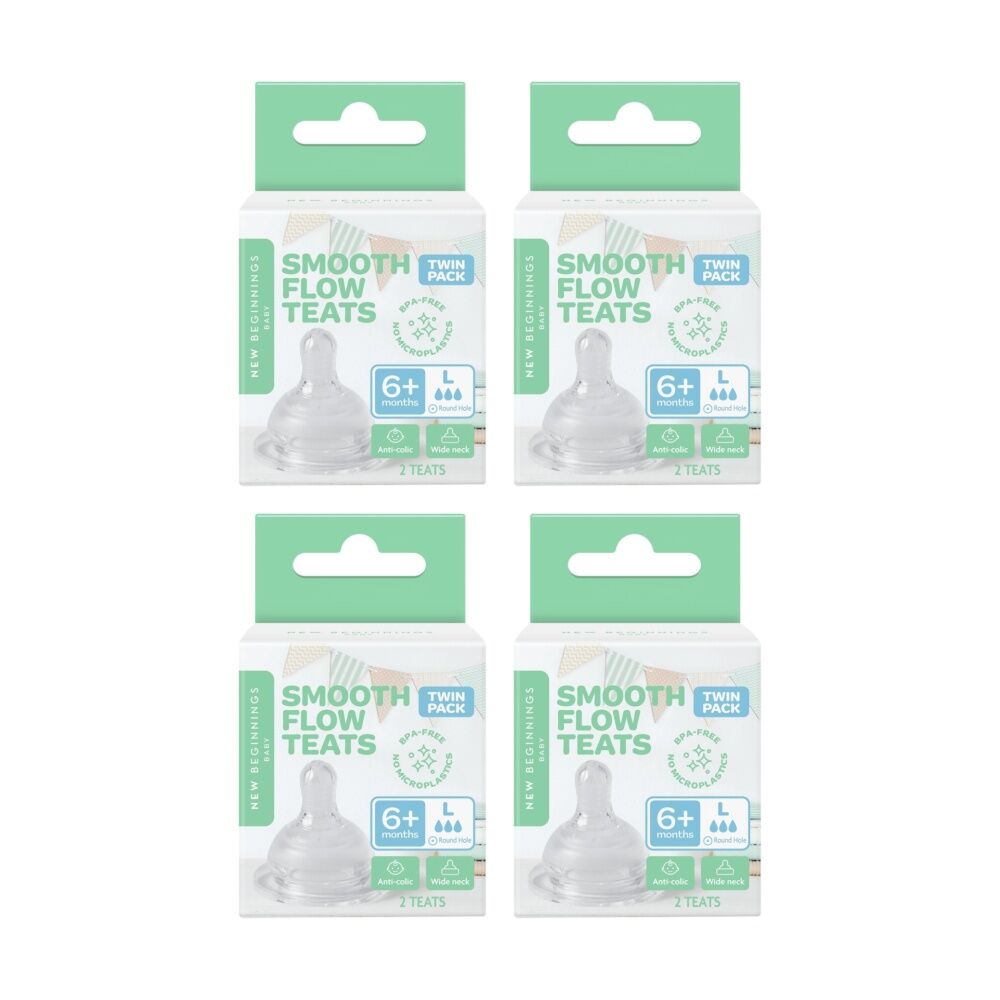 4x 2pc New Beginnings Smooth Flow Anti-Colic Breast Like Silicone Teats 6M+ Lrg