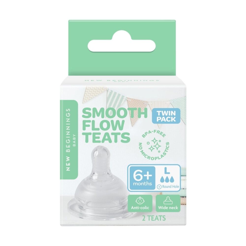 4x 2pc New Beginnings Smooth Flow Anti-Colic Breast Like Silicone Teats 6M+ Lrg
