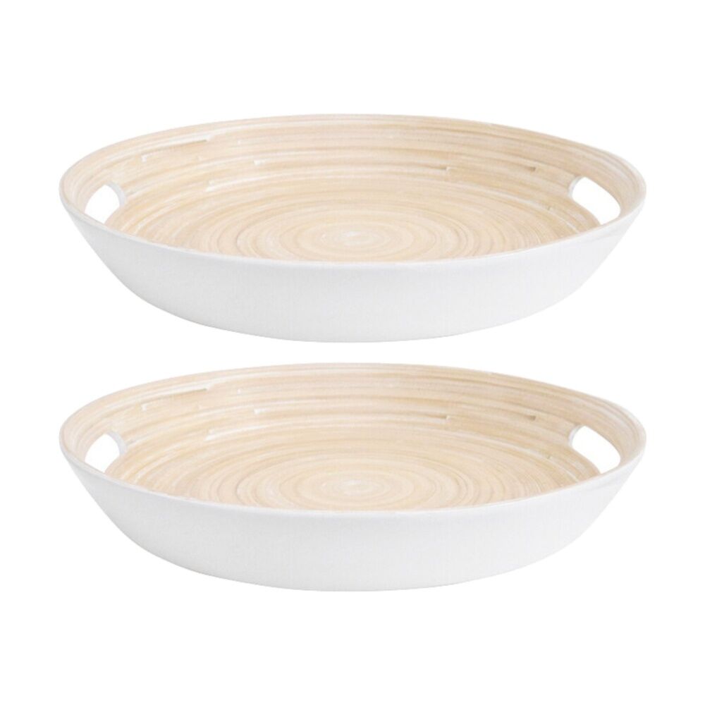 2PK LVD Round White Bamboo Serving Tray Home Kitchen Decor 35x35x5cm