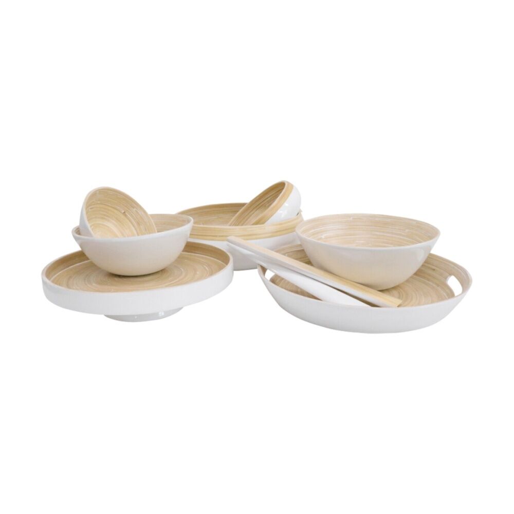 2PK LVD Round White Bamboo Serving Tray Home Kitchen Decor 35x35x5cm