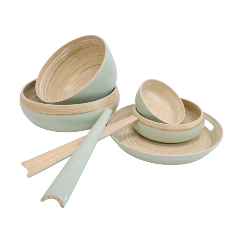 2x 2pc LVD Modern Lightweight Sage Accent Handle Bamboo Salad Server Set 30cm