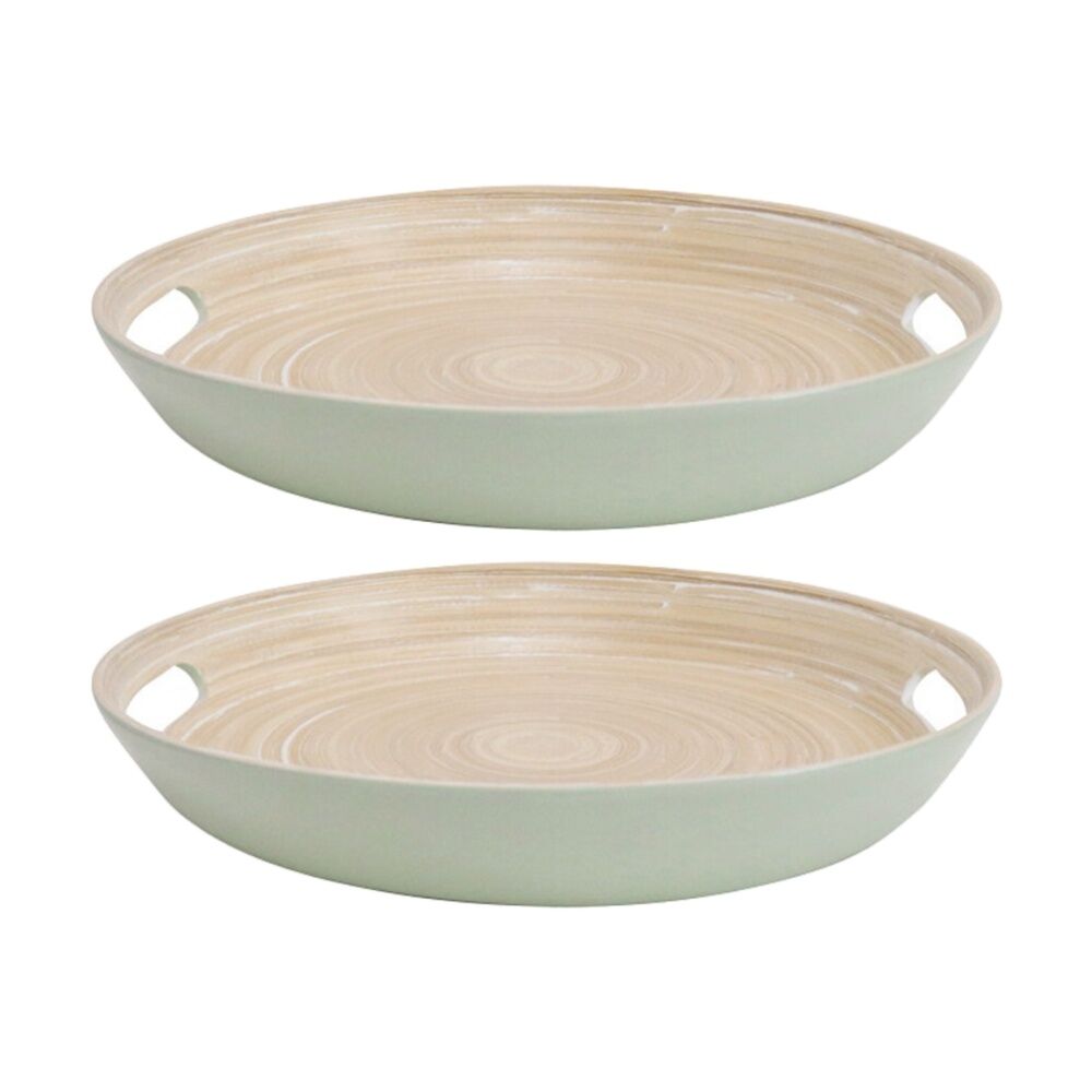 2PK LVD Round Sage Bamboo Serving Tray Home Kitchen Decor 30x30x4cm