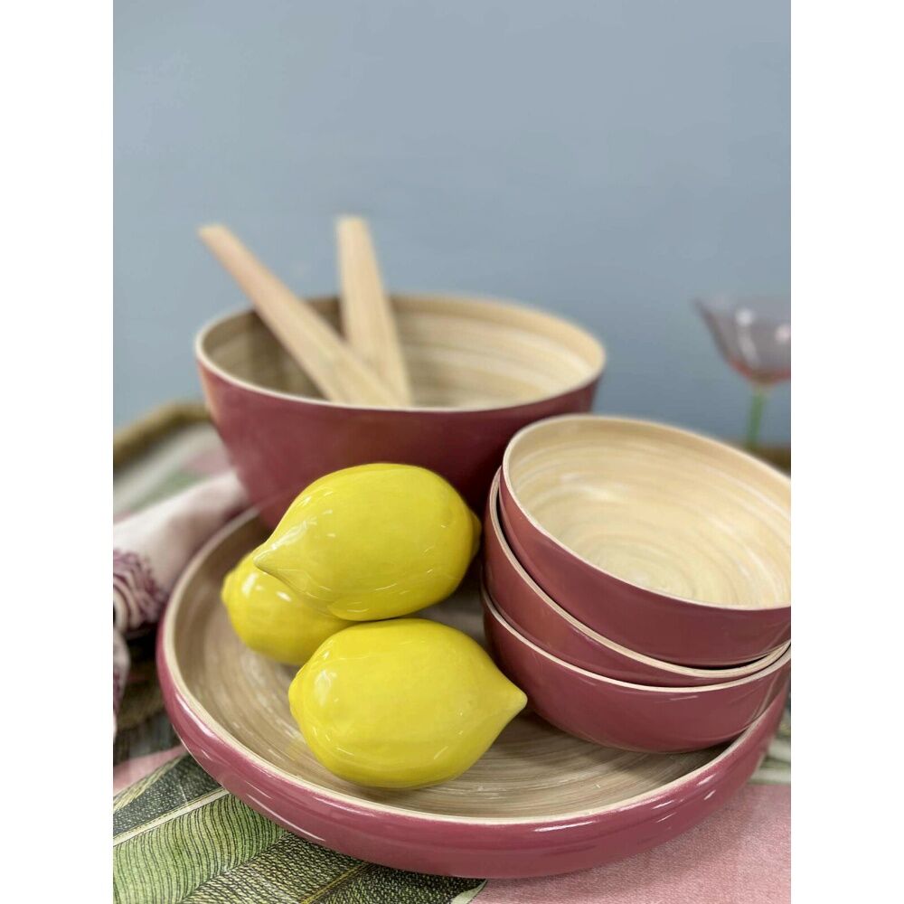 4x 2pc LVD Modern Lightweight Berry Accent Handle Bamboo Salad Server Set 30cm