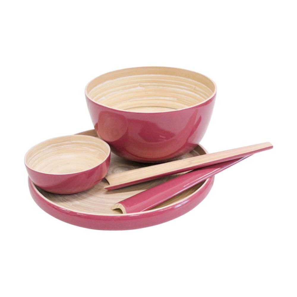 4x 2pc LVD Modern Lightweight Berry Accent Handle Bamboo Salad Server Set 30cm