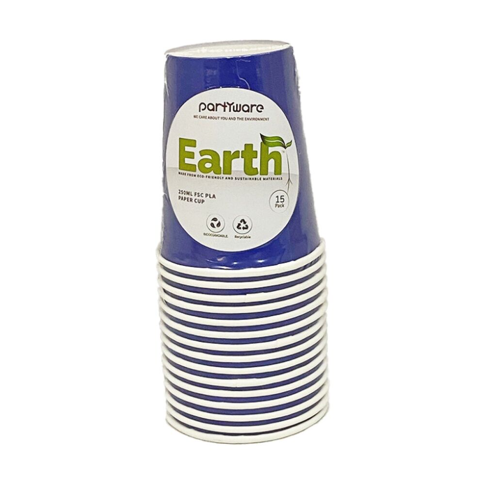 48x 15pc Partyware FSC Aqueous Paper Cups Set Disposable 250ml Blue