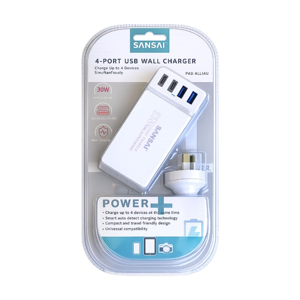 4PK Sansai 4-Port USB A & C Charging Station 30W Total Output 1.5m Top Insert