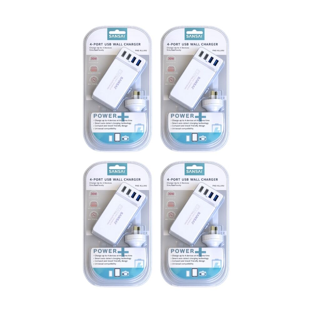 4PK Sansai 4-Port USB A & C Charging Station 30W Total Output 1.5m Top Insert