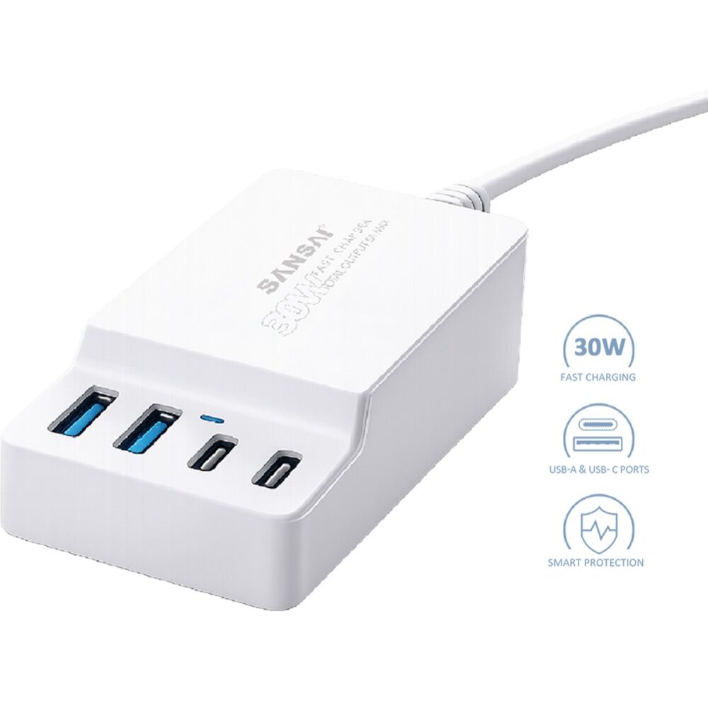 4PK Sansai 4-Port USB A & C Charging Station 30W Total Output 1.5m Top Insert