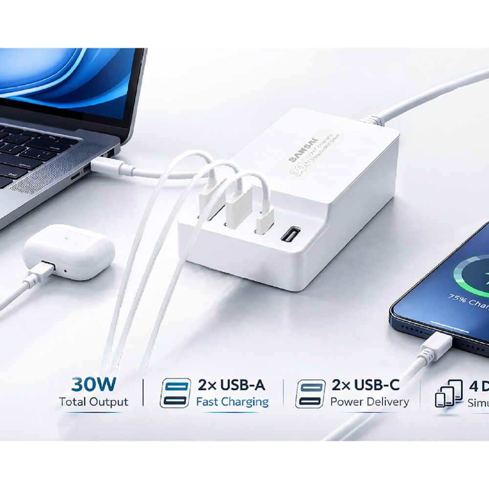 4PK Sansai 4-Port USB A & C Charging Station 30W Total Output 1.5m Top Insert