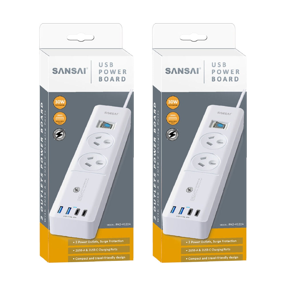 2PK Sansai 2 Outlet Powerboard With USB-A And C Ports 30W USB Output 1m Cord