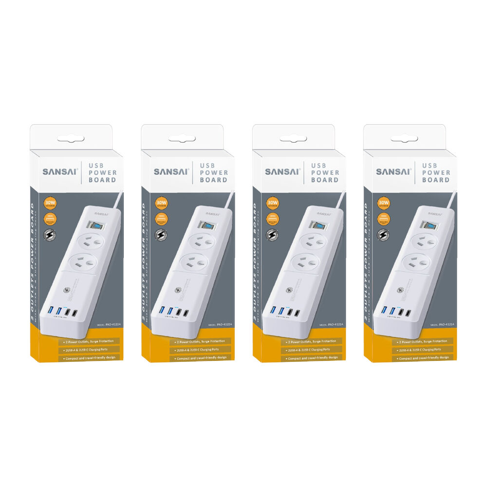 4PK Sansai 2 Outlet Powerboard With USB-A And C Ports 30W USB Output 1m Cord