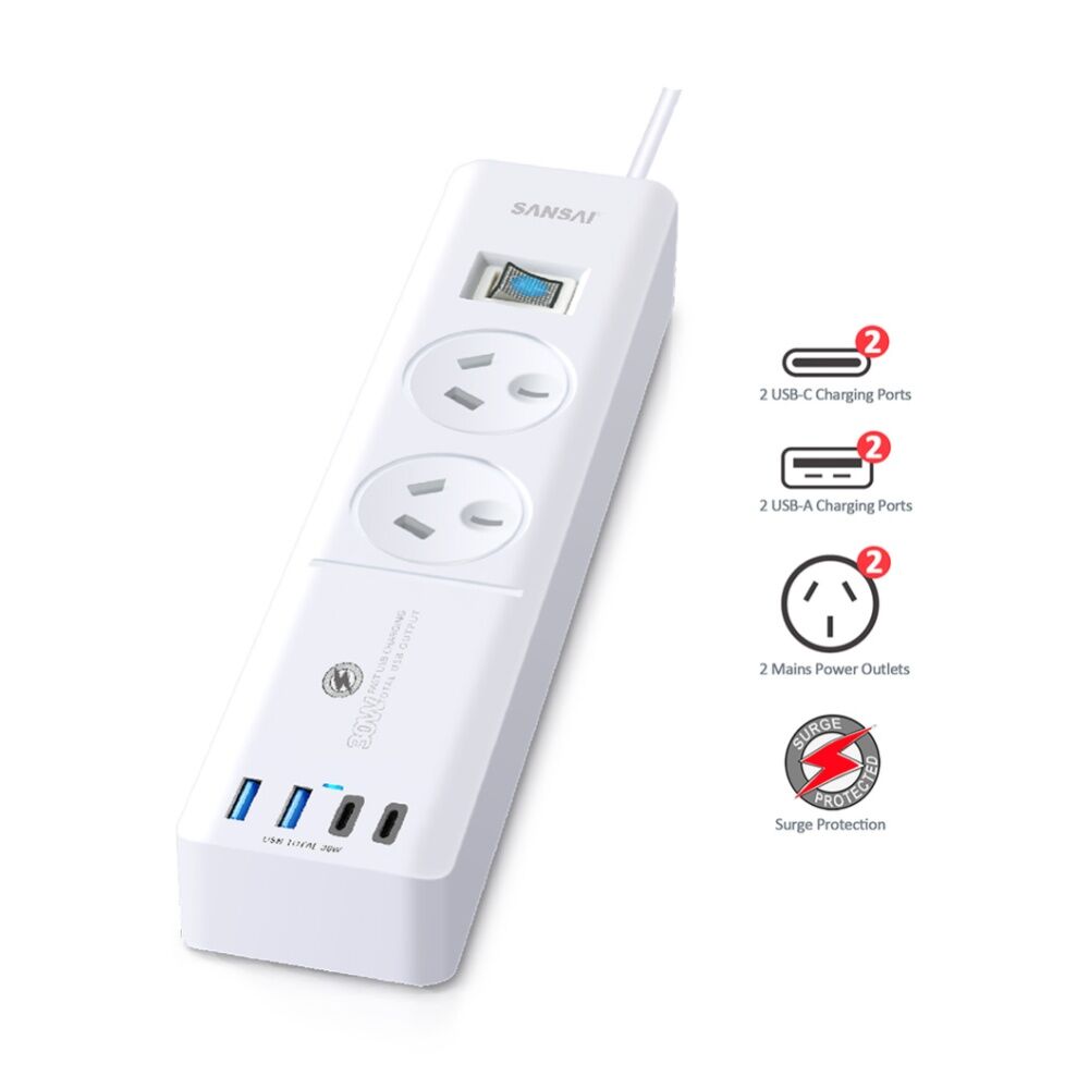 4PK Sansai 2 Outlet Powerboard With USB-A And C Ports 30W USB Output 1m Cord