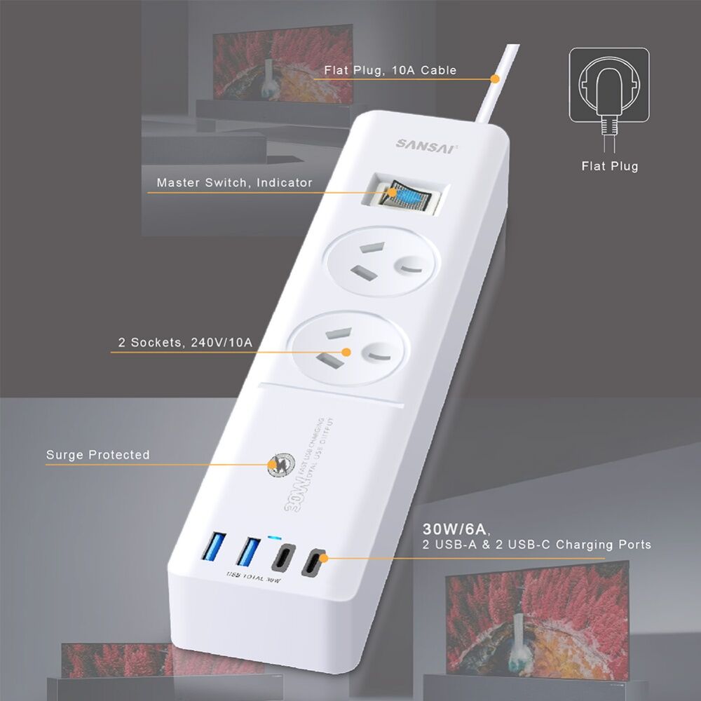 4PK Sansai 2 Outlet Powerboard With USB-A And C Ports 30W USB Output 1m Cord