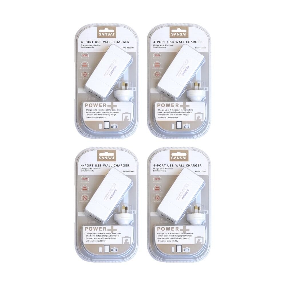 4PK Sansai 4-Port USB A & C Charging Station 30W Total Output 1.5m Side Insert