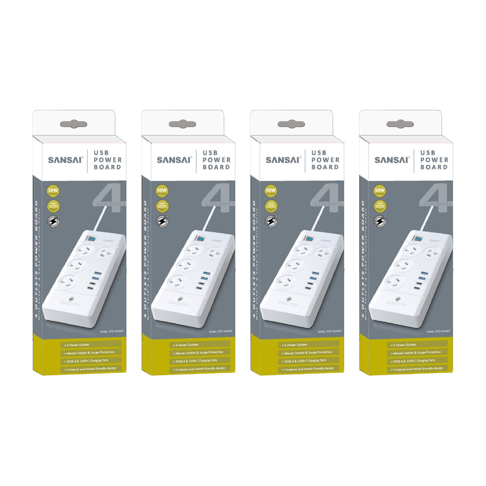 4PK Sansai 4 Outlet Powerboard With USB-A and C Ports 30W USB Output 1m Cord