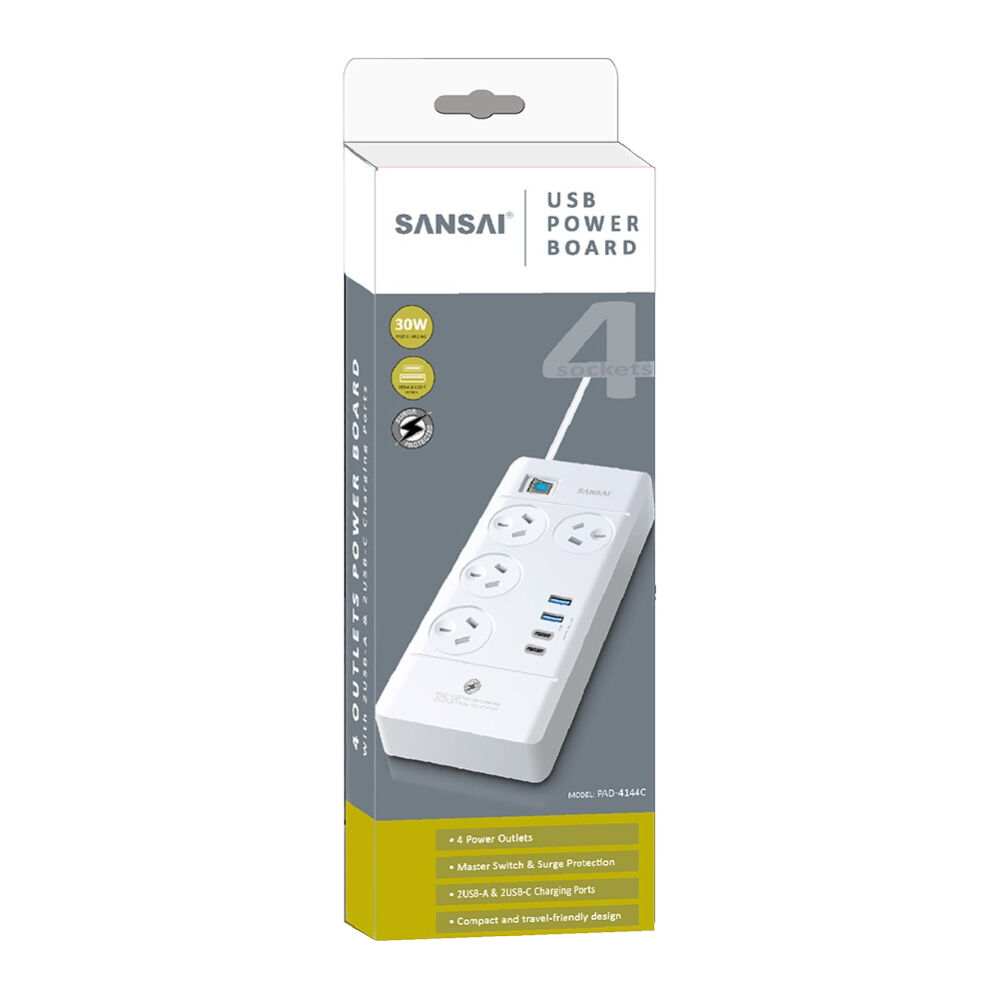 4PK Sansai 4 Outlet Powerboard With USB-A and C Ports 30W USB Output 1m Cord