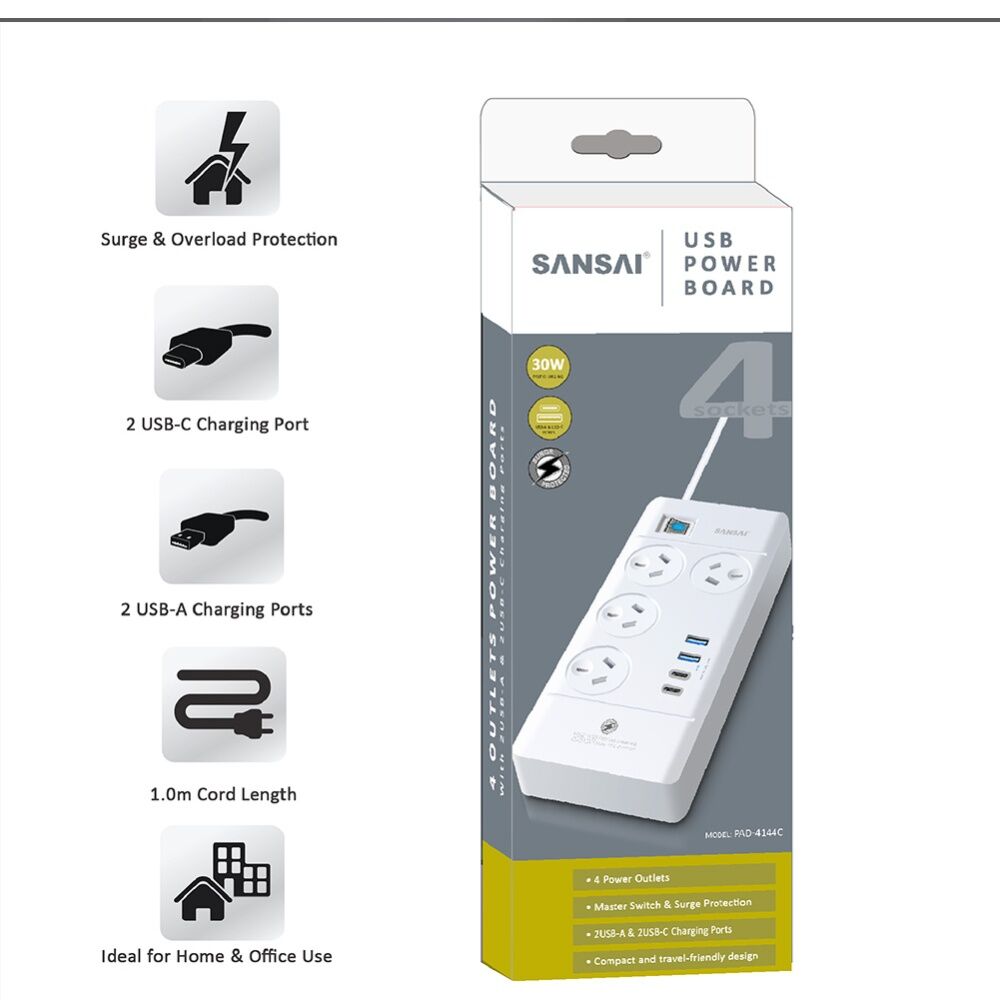 Sansai 4 Outlet Powerboard With USB-A and C Ports 30W USB Output 1m Cord