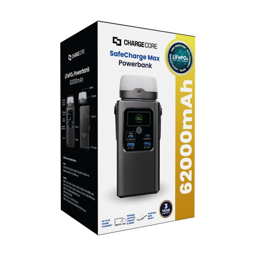 Chargecore 62000mAh LiFePO4 Power Bank 100W USB-C W/ Magnetic Lantern Black