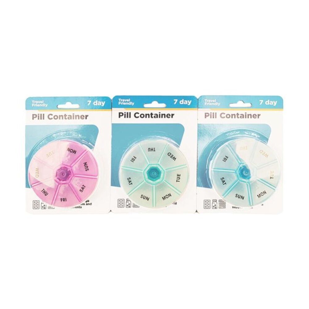 4PK Braz 7 Day Weekly Organiser Circular Pill Box W/ Labelled Compartment Assrtd