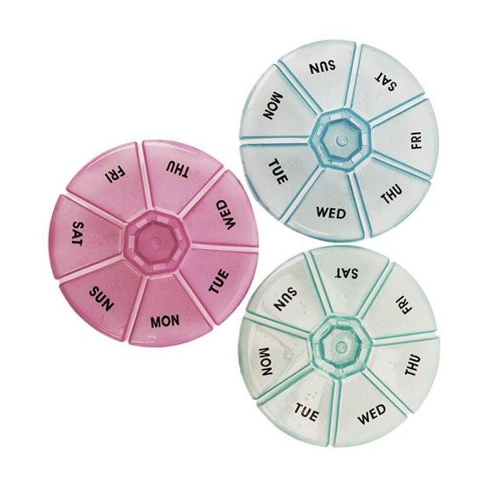 4PK Braz 7 Day Weekly Organiser Circular Pill Box W/ Labelled Compartment Assrtd