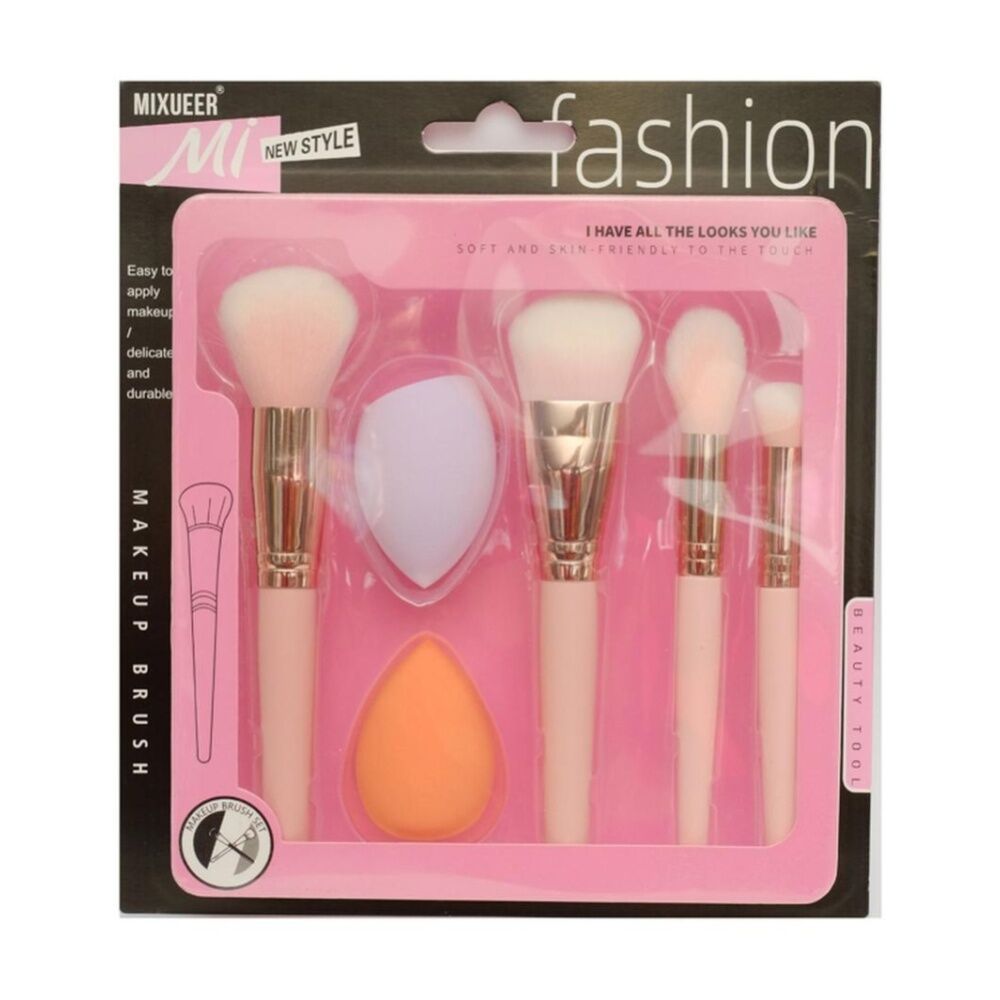 2x 6pc Braz Makeup Brush & Sponge Set W/ Soft Fluffy Bristles Pink/White