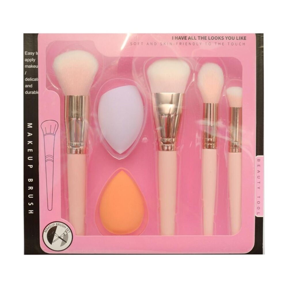 2x 6pc Braz Makeup Brush & Sponge Set W/ Soft Fluffy Bristles Pink/White