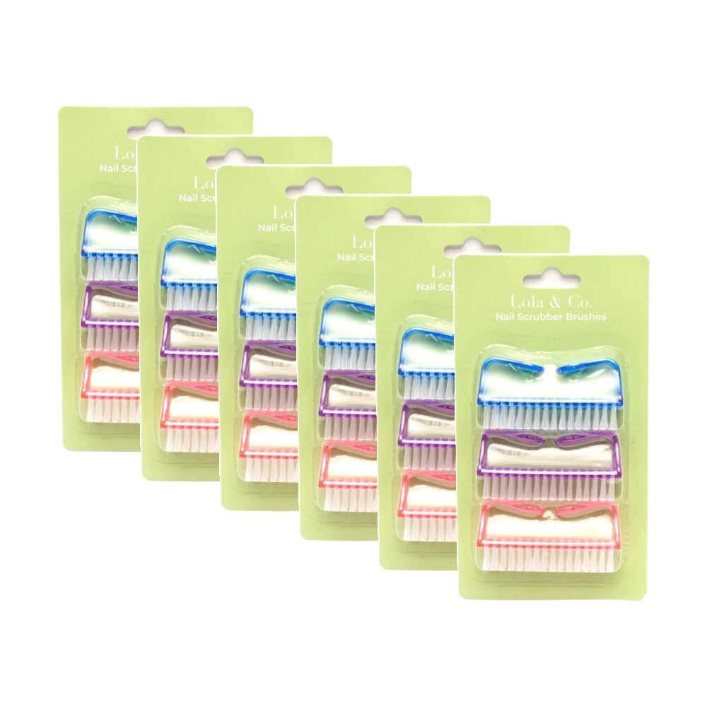 6x 3pc Lola & Co Nail Brush Scrubber Set W/ Handle Multi Colour