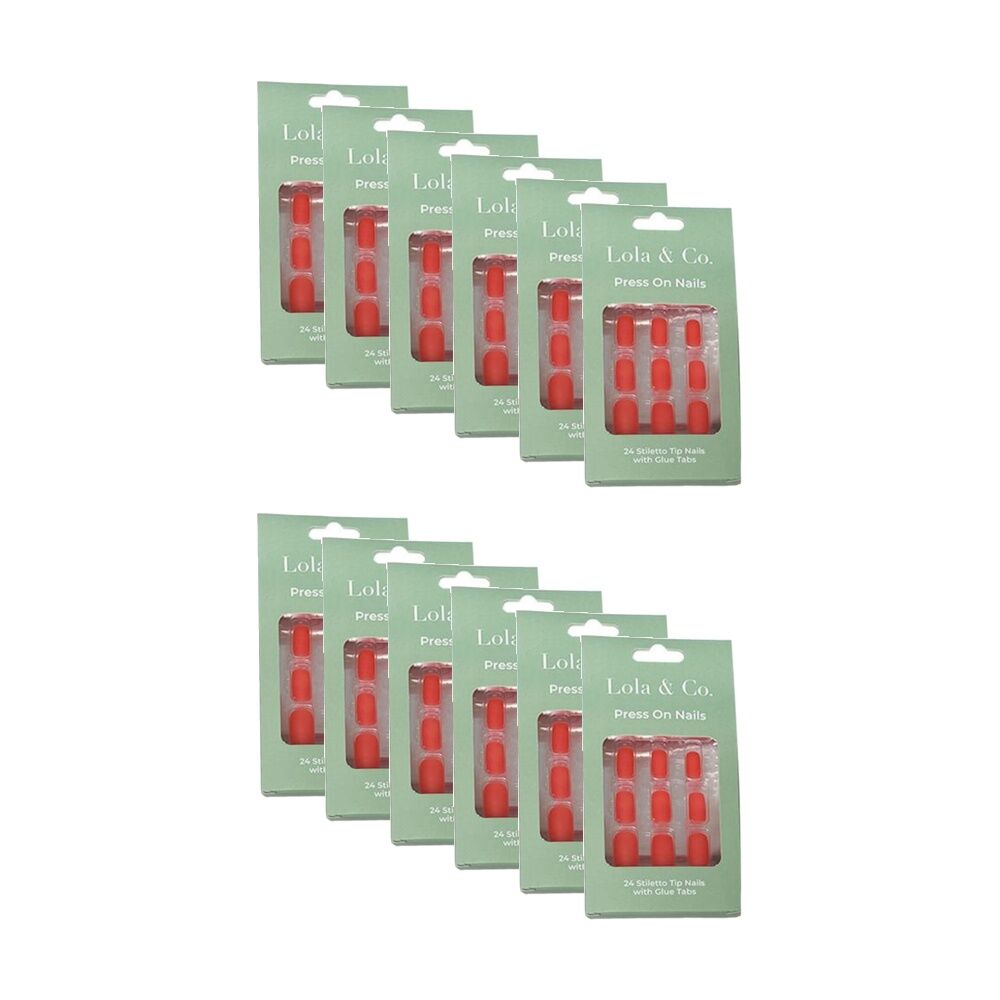 12x 24pc Lola & Co Square Stiletto Tip Press-On Nails W/ Glue Tabs Assorted