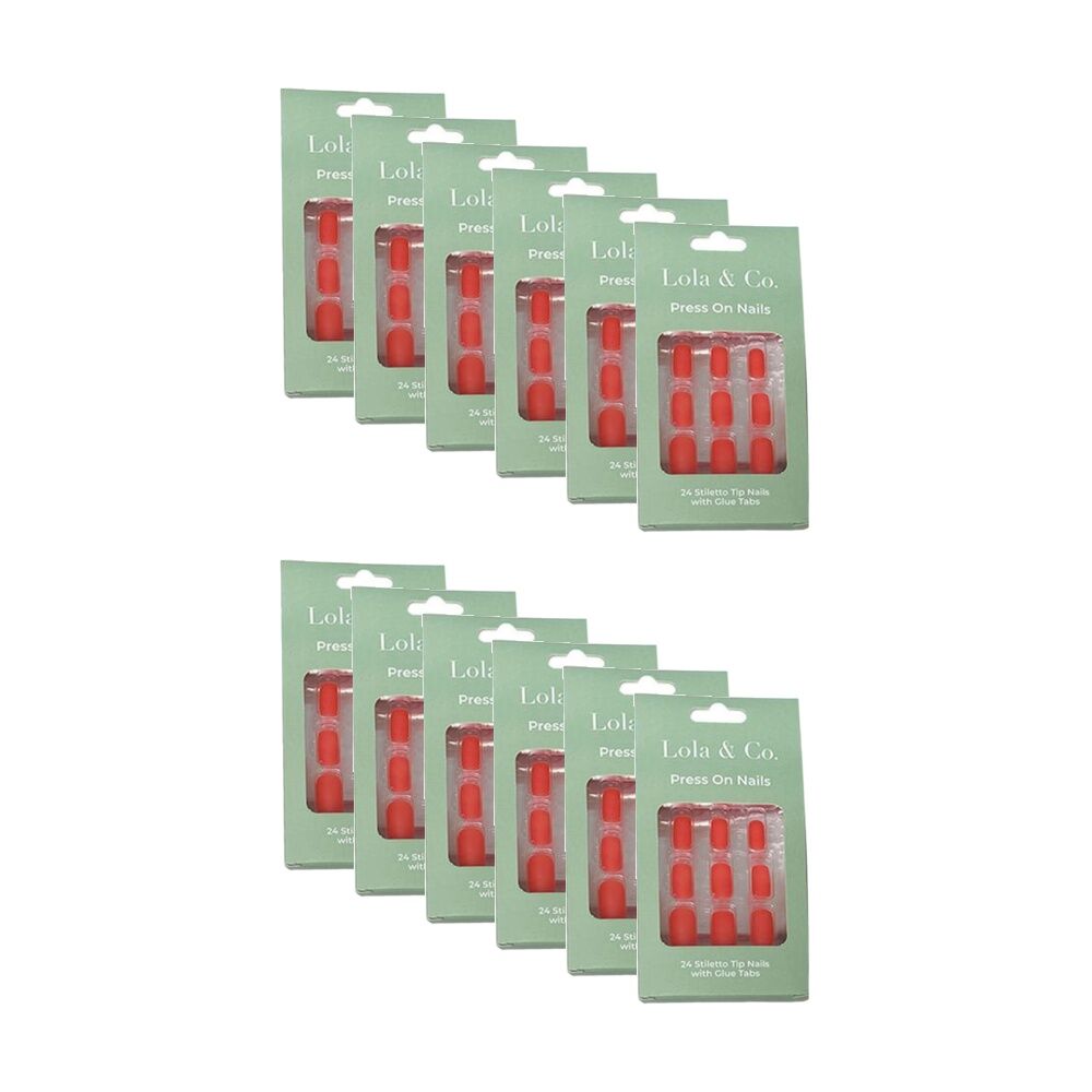 12x 24pc Lola & Co Round Stiletto Tip Press-On Nails W/ Glue Tabs Assorted